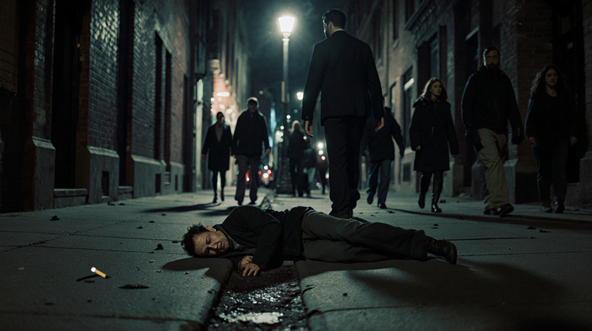 Unconscious figure lying on Philadelphia street pavement with streetlight casting long shadows and a cigarette butt nearby.