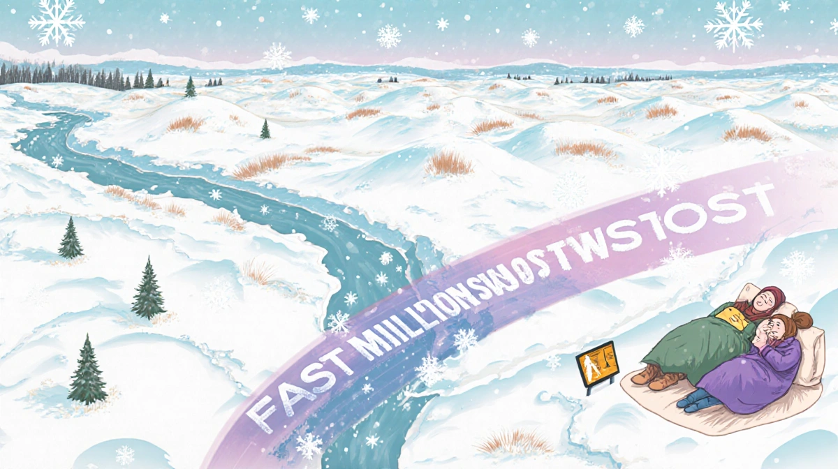 Aerial view shows bundled Midwest residents huddled under blankets with clipper system bringing gentle snowflakes and winter 