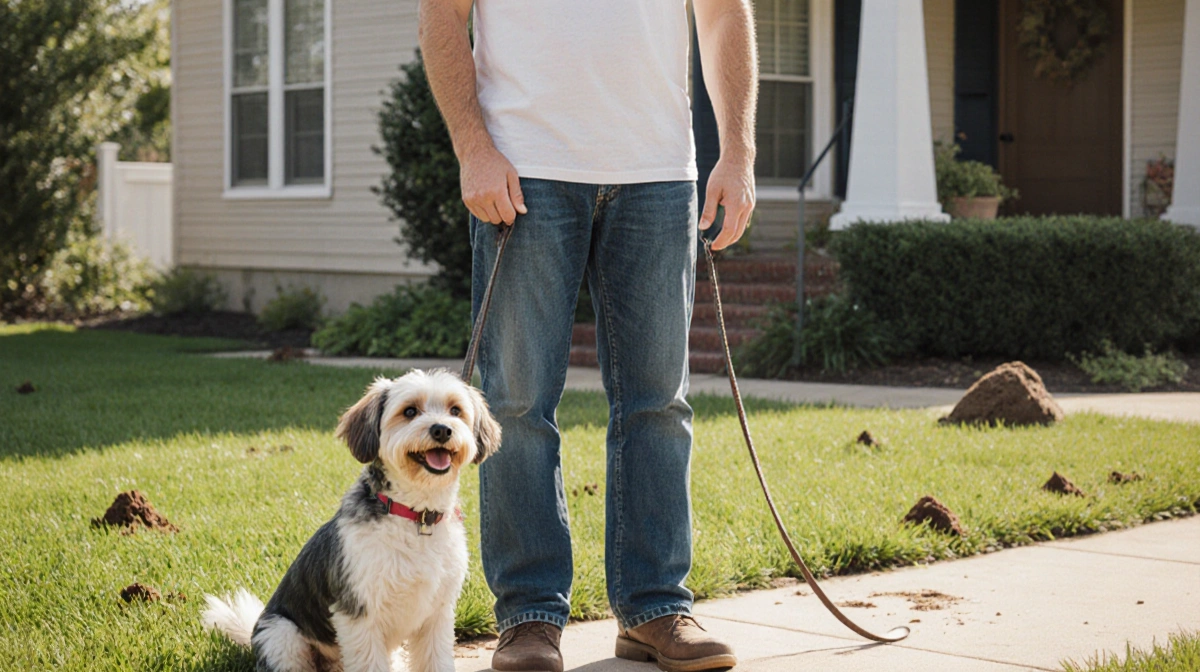 Mike Gordon stands with his Cavapoo Eggsy on leash near dog waste on lawn showing support for pet DNA tracking program