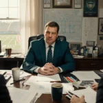 Mike Kafka leans forward at his desk with football blueprints and game notes while interviewing with ESPN reporter