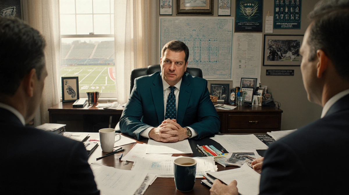 Mike Kafka leans forward at his desk with football blueprints and game notes while interviewing with ESPN reporter