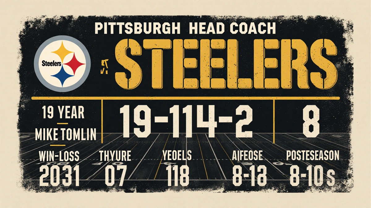 Vintage Steelers scoreboard celebrating Mike Tomlin's 19-year coaching tenure with win-loss record and team logo