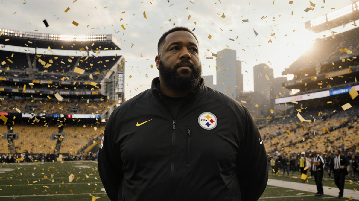 Mike Tomlin stands on Steelers sideline with confetti falling and Pittsburgh skyline behind