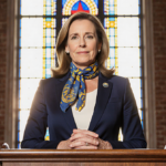 Governor-elect Mikie Sherrill stands at swearing‑in podium light filtering through stained glass and Jersey pin on her suit.