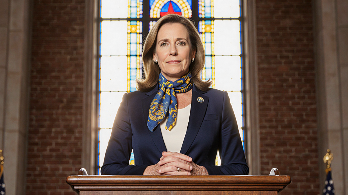 Governor-elect Mikie Sherrill stands at swearing‑in podium light filtering through stained glass and Jersey pin on her suit.