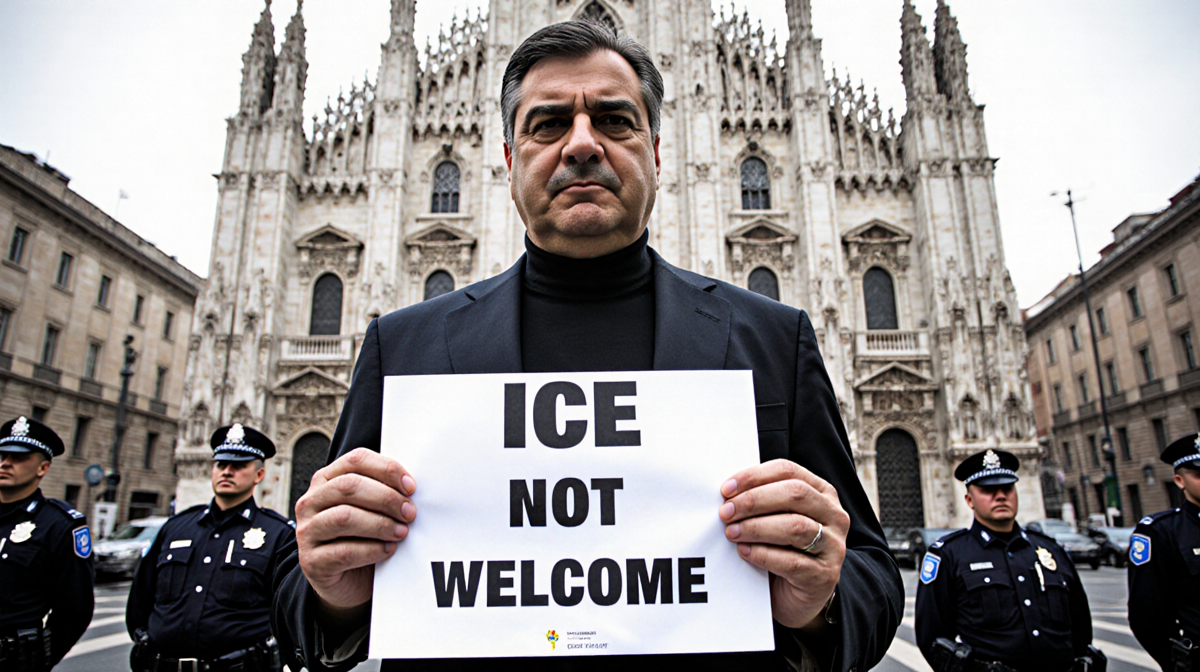 Milan Mayor Giuseppe Sala standing with protest sign reading ICE not welcome and Italian police officers in background