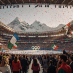 Athletes waving flags with confetti falling and golden lights in San Siro arena during the 2026 Milan Winter Olympics
