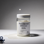 Powder container spilling milk droplet onto surface with formula bottles and pacifier warns of contamination.