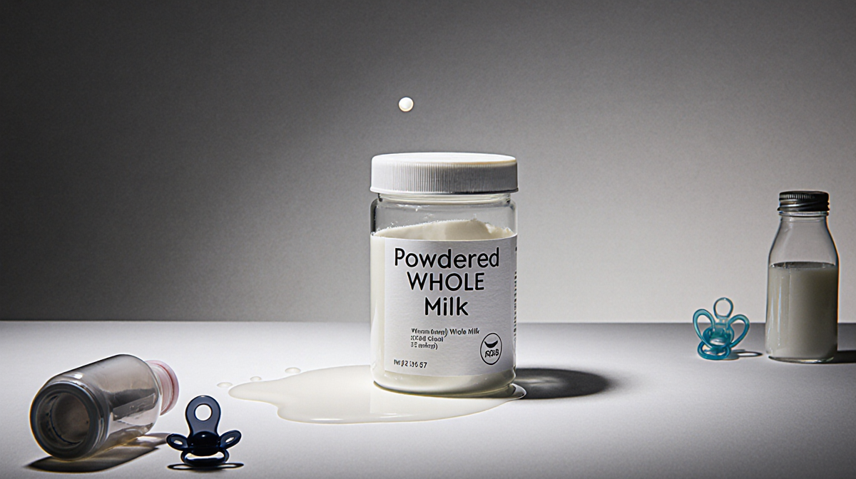 Powder container spilling milk droplet onto surface with formula bottles and pacifier warns of contamination.