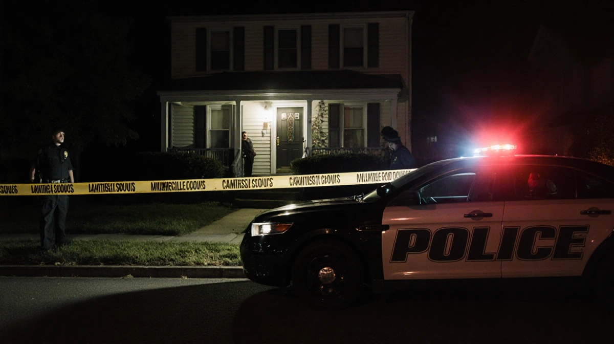 Police officers guard a suburban home at night with crime scene tape and cruiser lights illuminating the porch