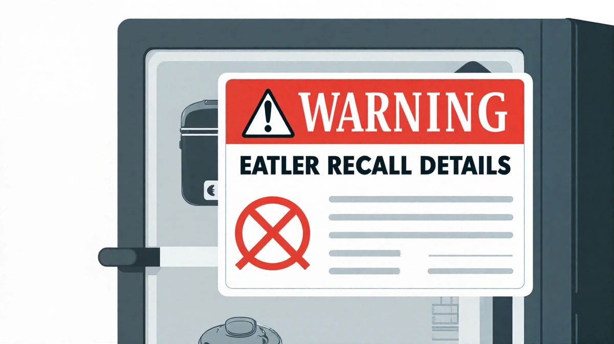 Minifridge displaying recall notice with red X mark and faint product model showing past recall details