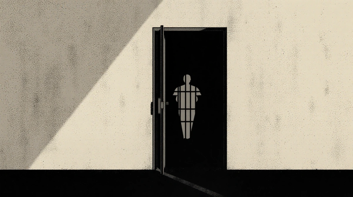 Locked cell door stands ajar with faint prisoner silhouette behind bars showing institutional setting