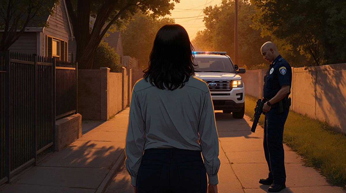 Mother stands facing away with ICE officer near SUV in Minneapolis alley at dusk