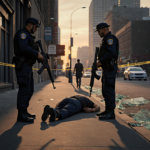 Federal agents standing with rifles drawn in Minneapolis beside a motionless victim with long shadows and police tape