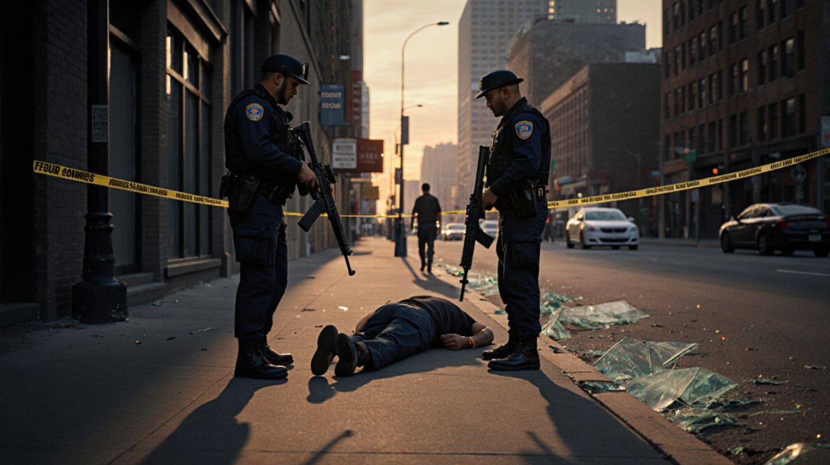 Federal agents standing with rifles drawn in Minneapolis beside a motionless victim with long shadows and police tape