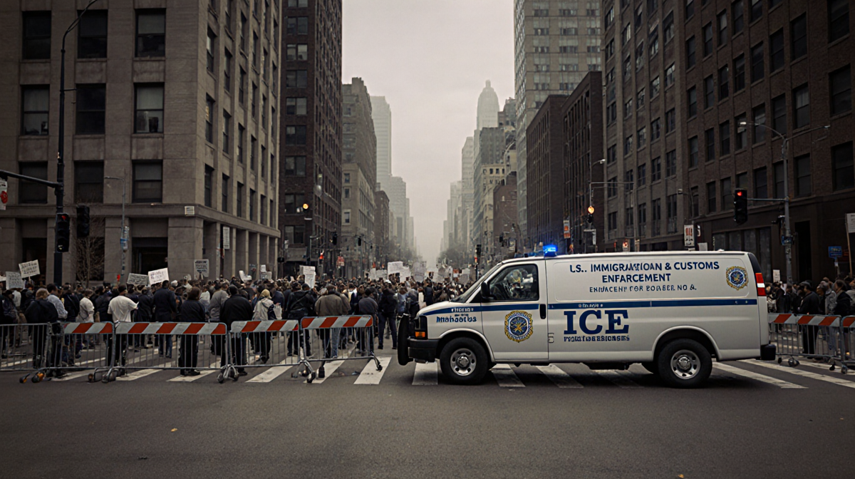 Protesters gathering with ICE van in center and police vehicles and barricades surrounding them