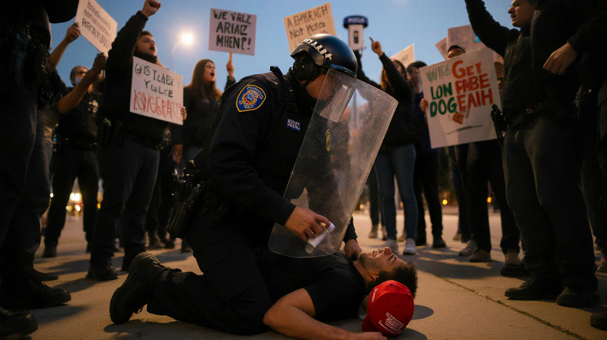 Immigration agent kneels on protester with riot shield and pepper spray as demonstrators surround them at dusk