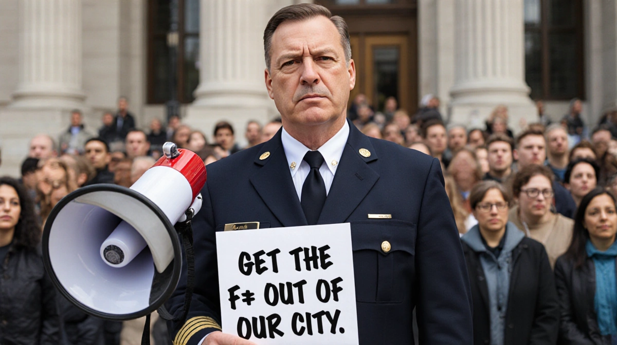 Minneapolis official holding megaphone with bold graffiti message and crowd of blurred faces behind