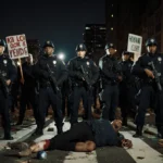 Police officers stand guard with hands on holsters and protest signs behind them as one wounded person lies on the ground