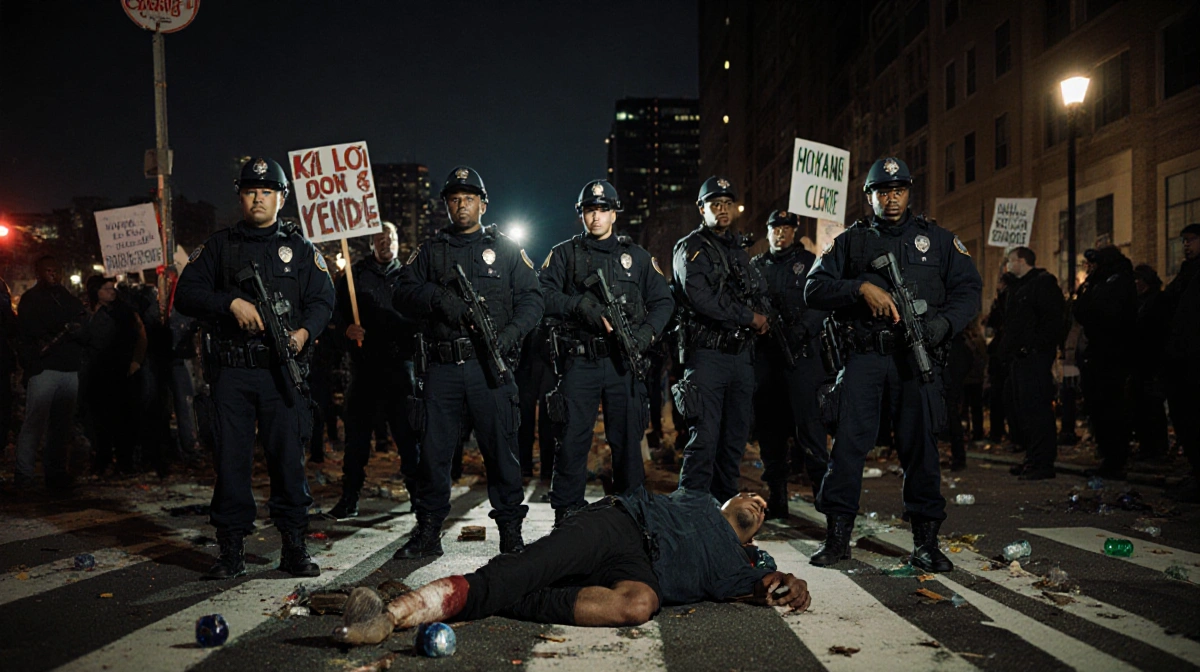 Police officers stand guard with hands on holsters and protest signs behind them as one wounded person lies on the ground
