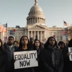 Protesters hold Equality Now and Justice for All signs with Minneapolis city hall and American flags behind them