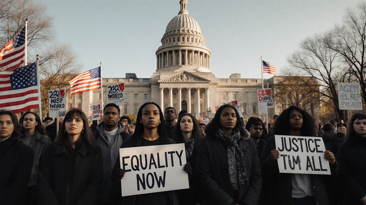 Protesters hold Equality Now and Justice for All signs with Minneapolis city hall and American flags behind them