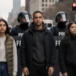 Protesters face ICE officers with riot shields near FBI vehicle showing Minneapolis skyline