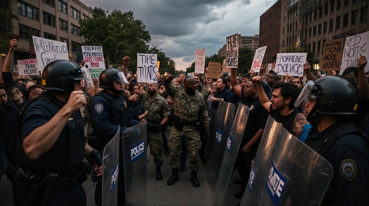 Protesters face police with riot shields and National Guard forming barrier on Minneapolis street