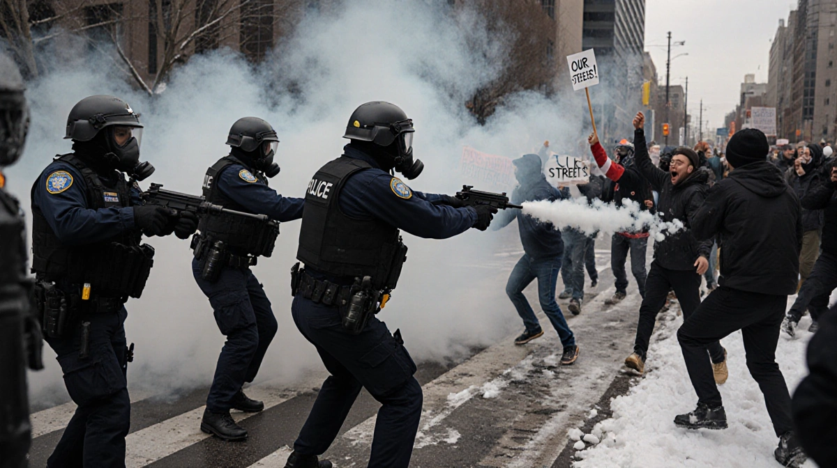 Federal officers in gas masks deploying tear gas with protesters throwing snowballs and smoke filling the Minneapolis streets