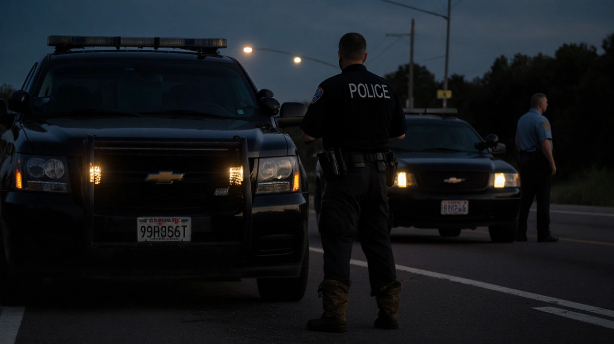 Two Customs and Border Protection vehicles patrol Minnesota highway at dusk with officer standing nearby
