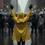 Person in yellow raincoat stands with arms raised near federal agents in tactical gear with shocked crowd watching