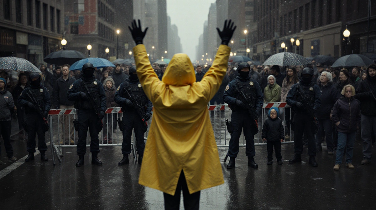 Person in yellow raincoat stands with arms raised near federal agents in tactical gear with shocked crowd watching