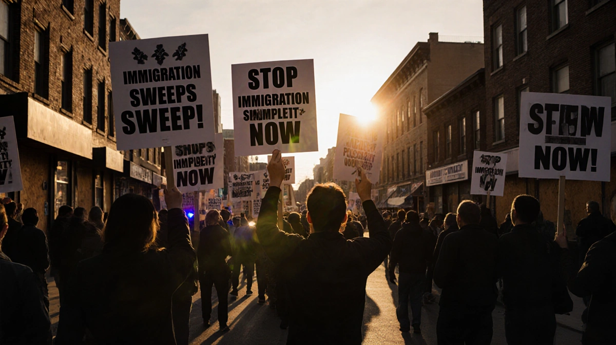 Protesters hold Stop Immigration Sweeps signs with determination as sunset casts long shadows over city storefronts
