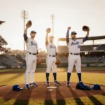 Three baseball players stand together on field with gloves raised and bullpen pitcher warming up in background under golden d