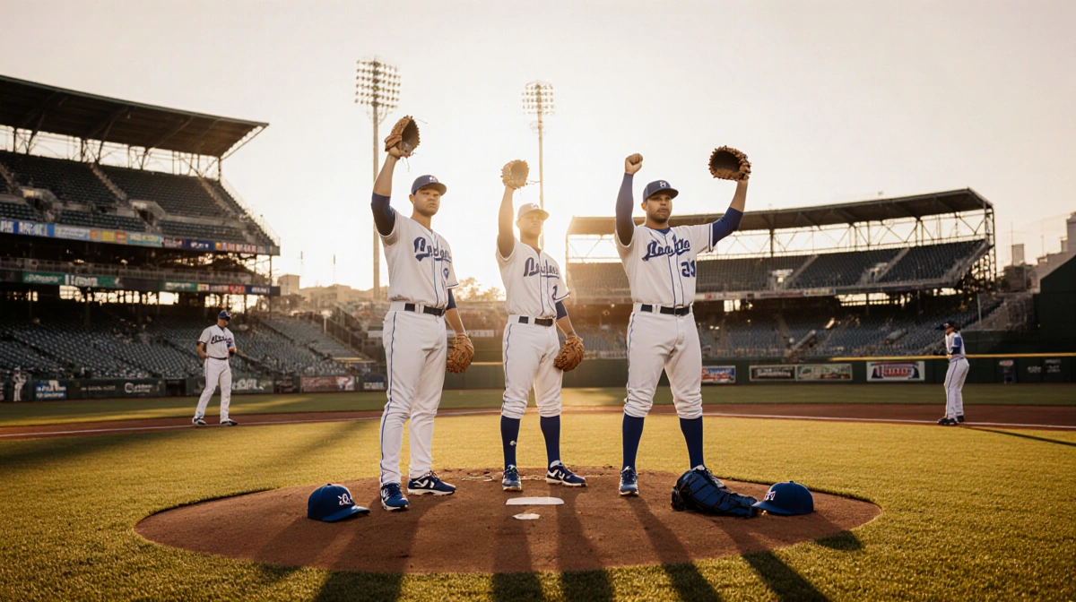 Three baseball players stand together on field with gloves raised and bullpen pitcher warming up in background under golden d