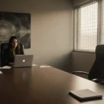 Empty conference room with wooden table and two chairs showing laptop and notebook with warm lighting