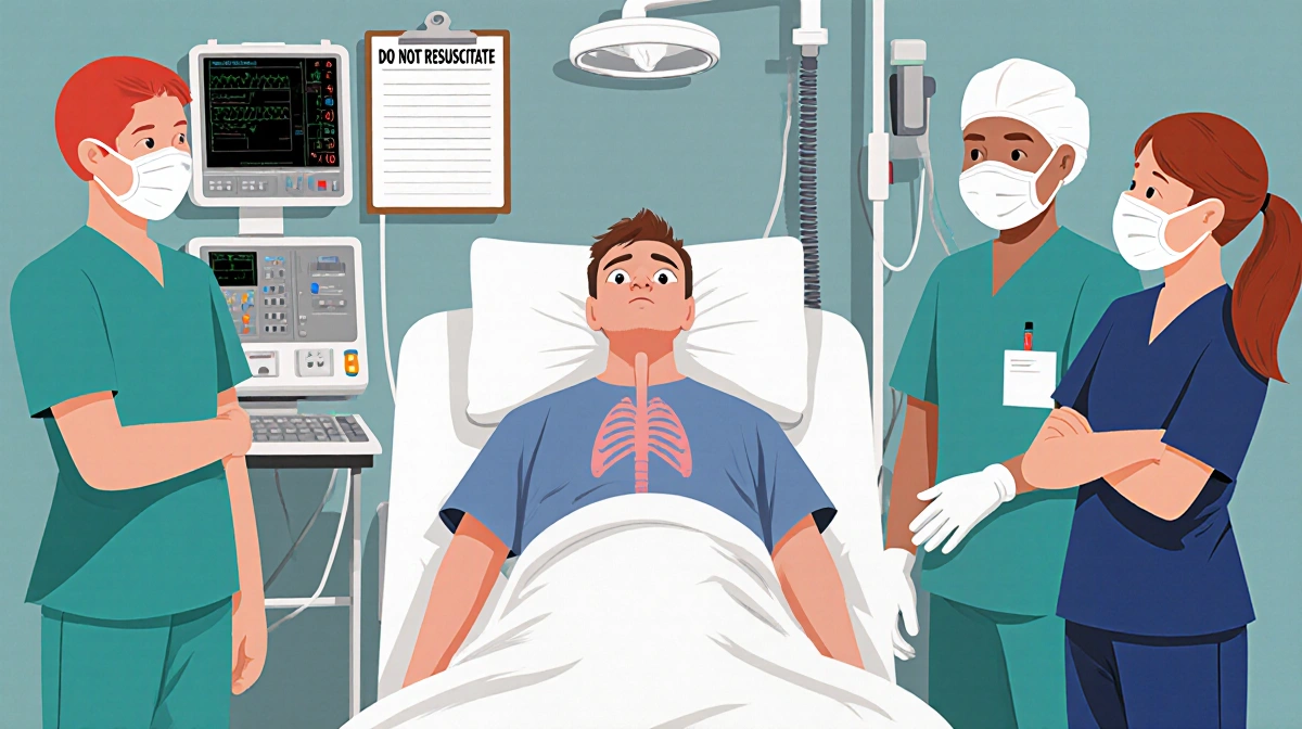 Medical staff standing around patient with open eyes and breathing chest with do not resuscitate chart on wall