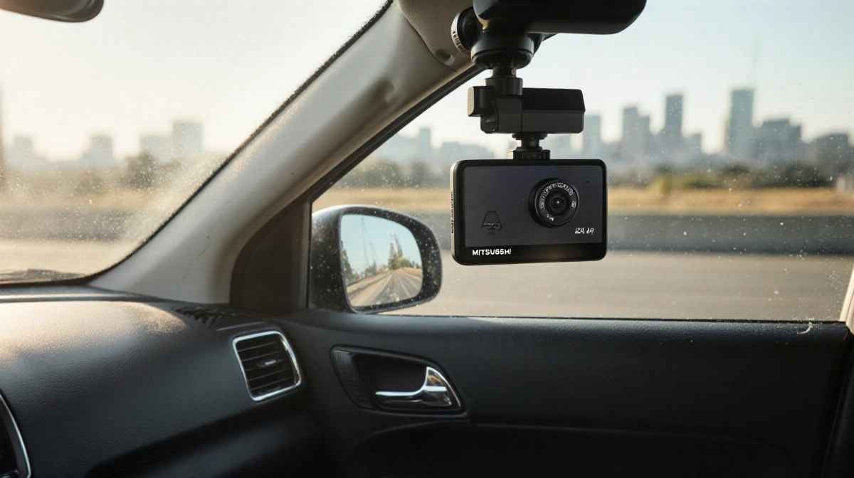 Dashcam recording on a Mitsubishi dashboard with natural light and a blurred cityscape behind
