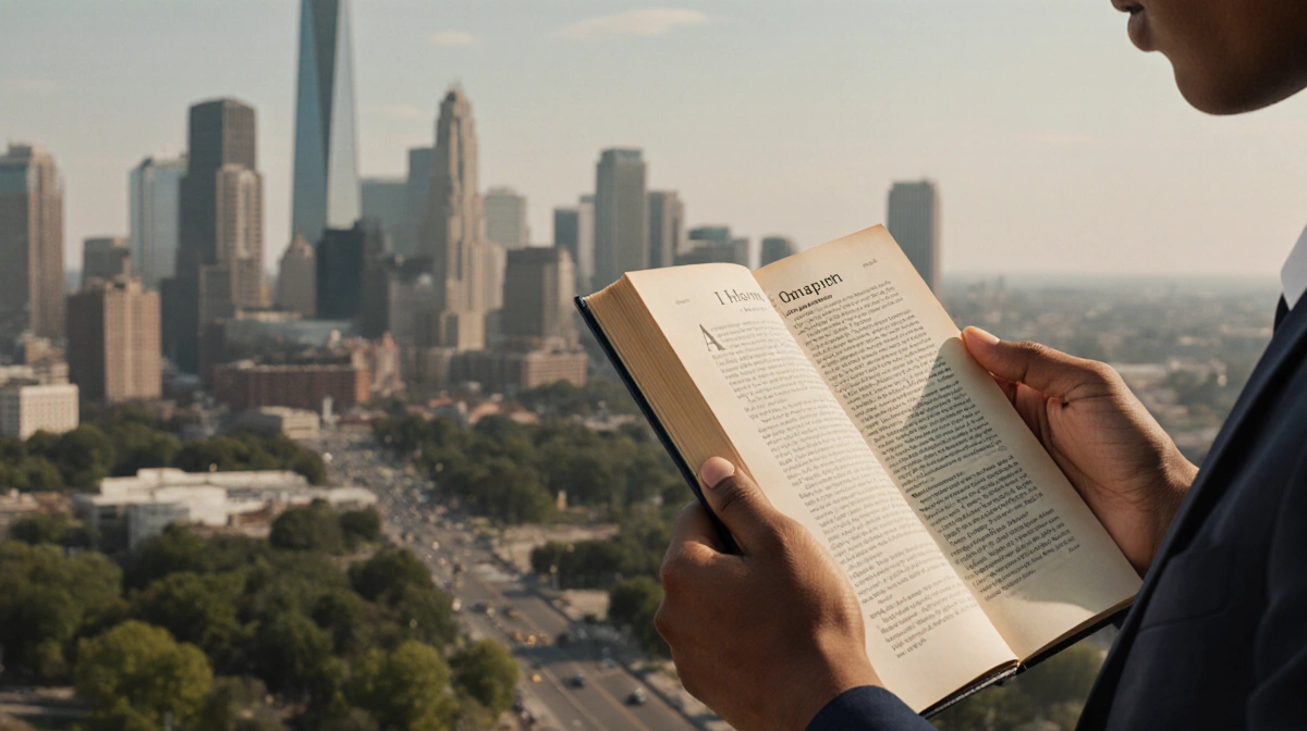 Person holding I Have a Dream book with Atlanta skyline and blended skin tone gradient showing MLK legacy