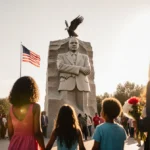 Children holding hands and flowers look up at MLK monument with American flag and eagle overhead