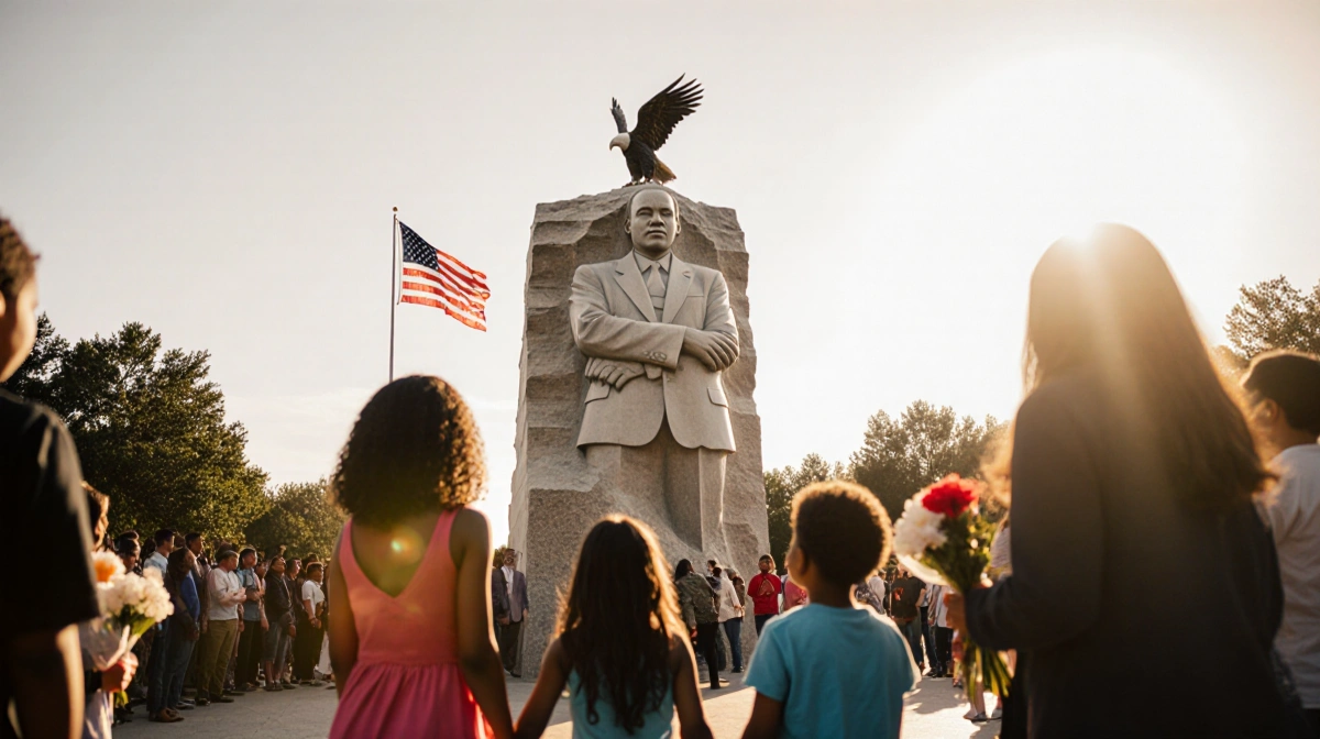 Children holding hands and flowers look up at MLK monument with American flag and eagle overhead