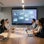 Diverse tech team collaborating in modern conference room with futuristic video production workflow on large screen and lapto
