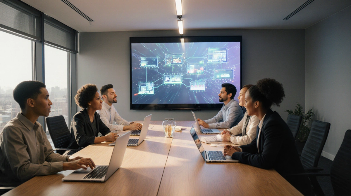 Diverse tech team collaborating in modern conference room with futuristic video production workflow on large screen and lapto