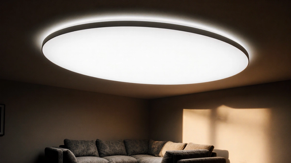 Modern living room features sectional sofa facing sleek skylight fixture with warm glow lighting walls