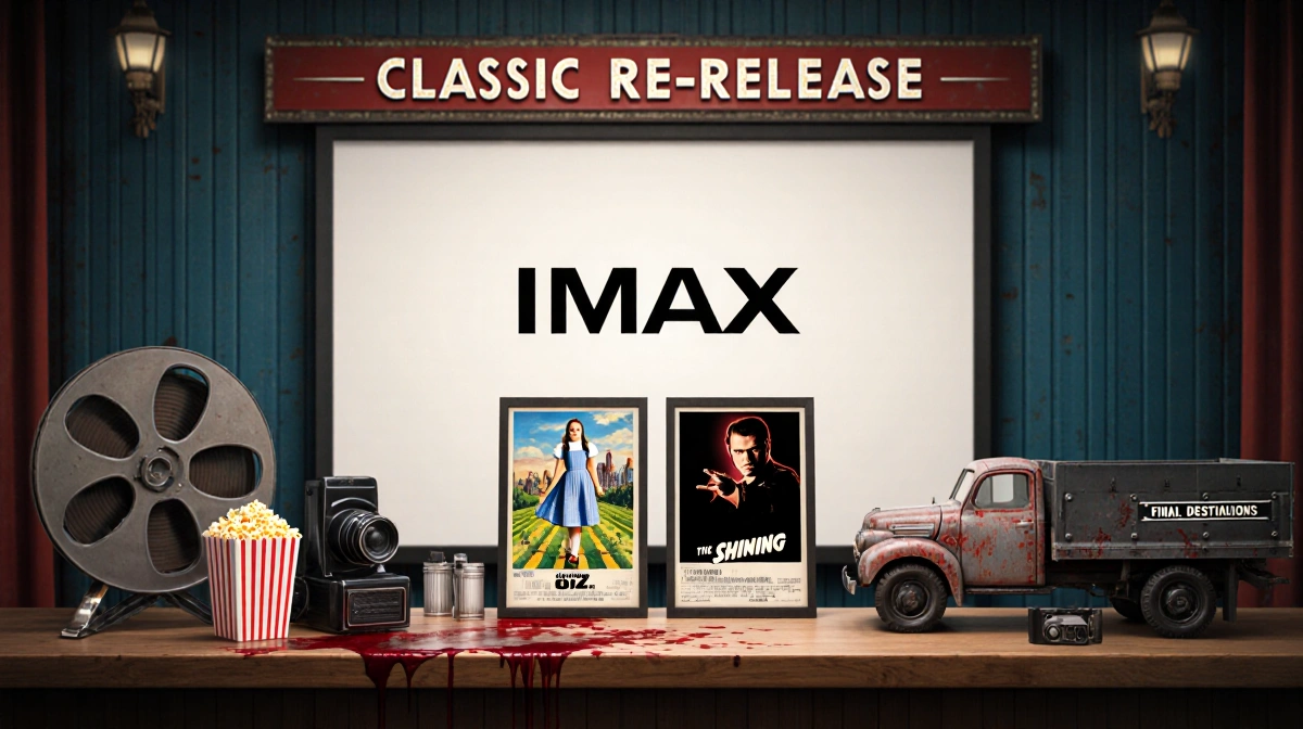 Vintage film reel resting on wooden counter with classic posters and nostalgic props in a retro movie theater and IMAX logo