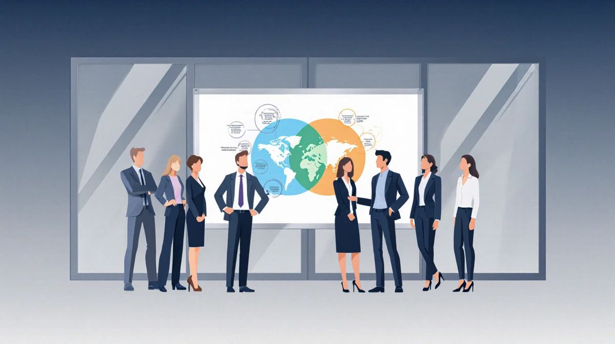 Diverse executives collaborating at whiteboard with overlapping circles showing combined expertise and digital optimization t