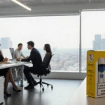 Young professionals working at desks with futuristic cityscape and nicotine pouches on counter.
