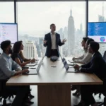Professional standing at conference table addressing team with city view and tech screens showing innovation in modern office