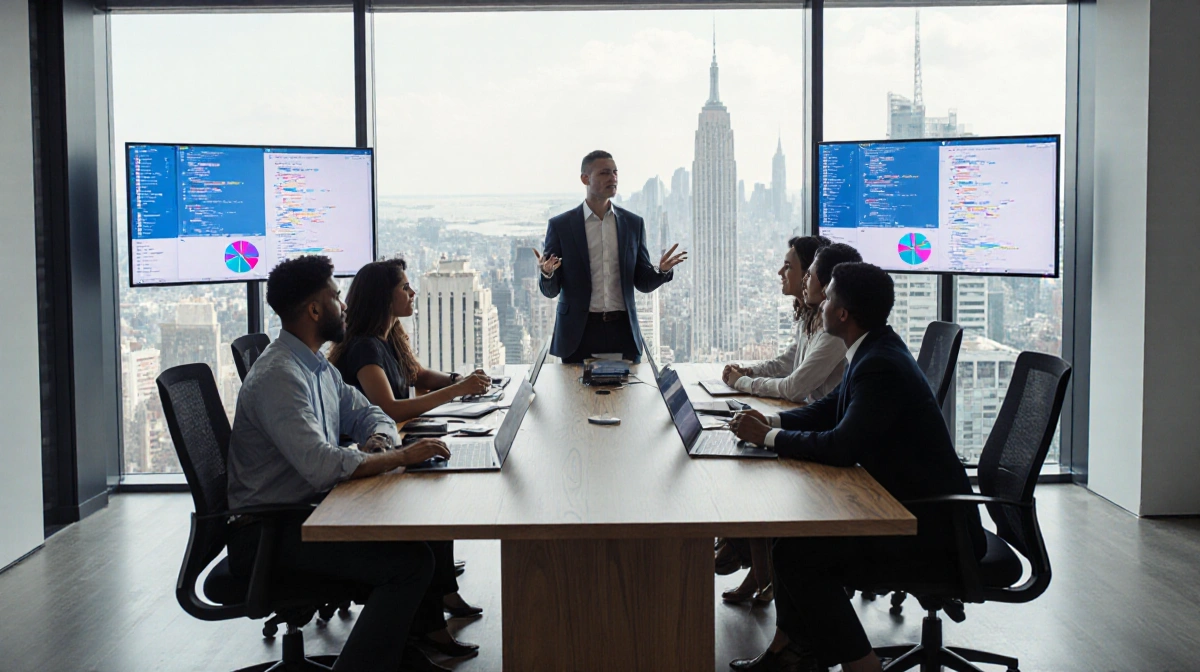 Professional standing at conference table addressing team with city view and tech screens showing innovation in modern office