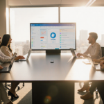Employees collaborating around conference table with Claude app display and Slack integration in bright natural light